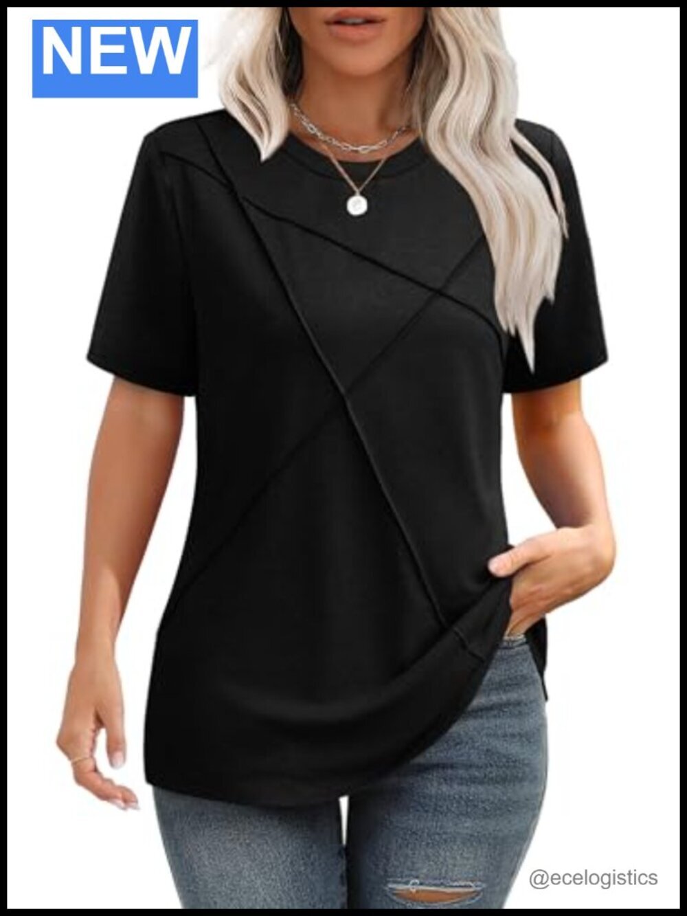Women's Pleated Short Sleeve Crew Neck Business Casual T-Shirt